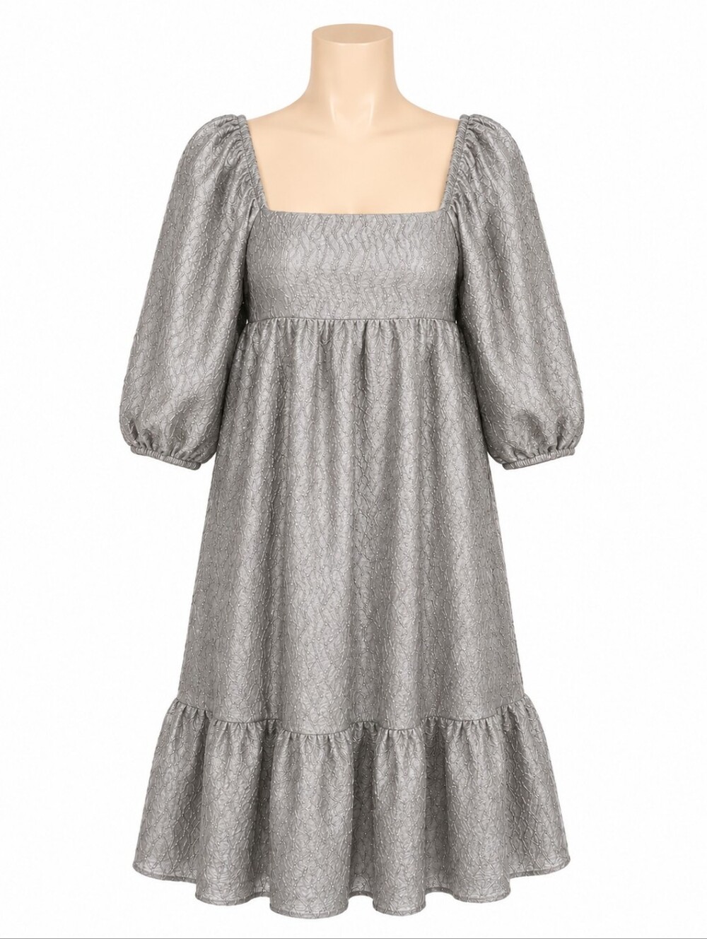Anthropologie Textured Gray Puff Sleeve Midi Dress Sz XXS Party Milkmaid Peasant